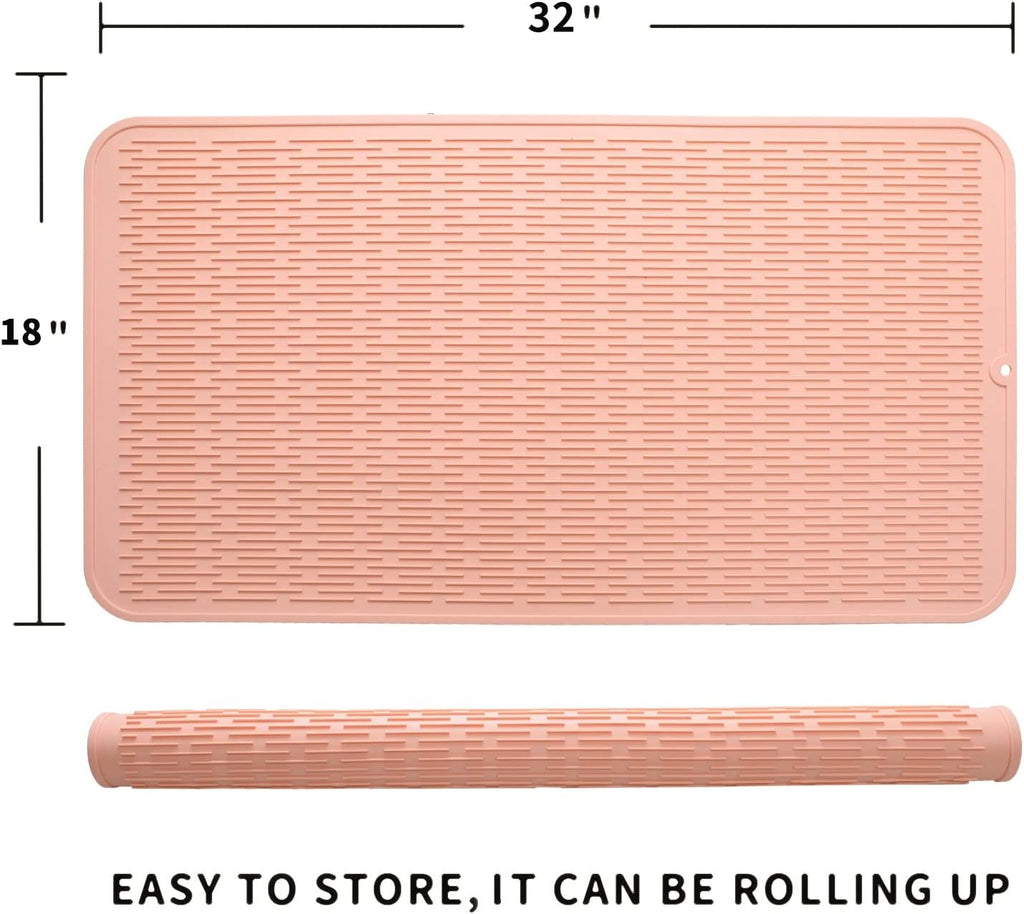 Silicone Dish Drying Mat for Multiple Usage,Easy clean,Eco-friendly,Heat-resistant Silicone Mat for Kitchen Counter or Sink,Refrigerator or Drawer Liner Pink 4XL 32 inches x 18 inches
