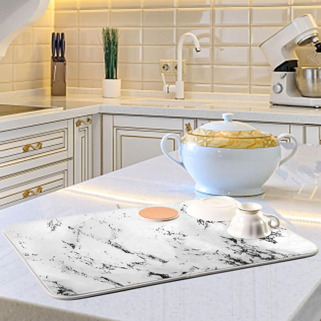 Super Absorbent Dish Drying Mat, Microfiber Fast-Drying Dish Mat, 16" x 18", Kitchen Dish Drying Pad, White Marble