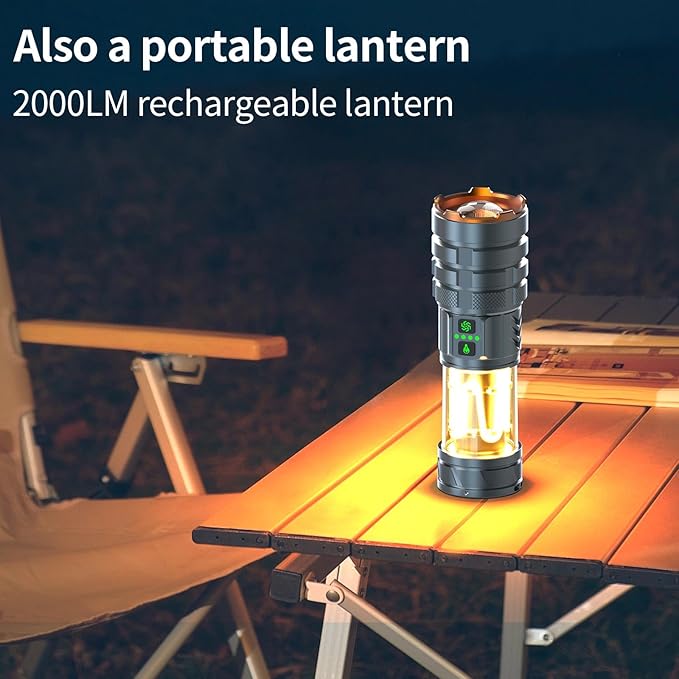 2 in 1 Rechargeable Flashlight 5000mAh All Aluminum Body Camping Lantern True 5000 Lumens Outdoor Camping Light , Zoomable LED Flash Light with Electric Lantern Failure Emergency Survival Kits