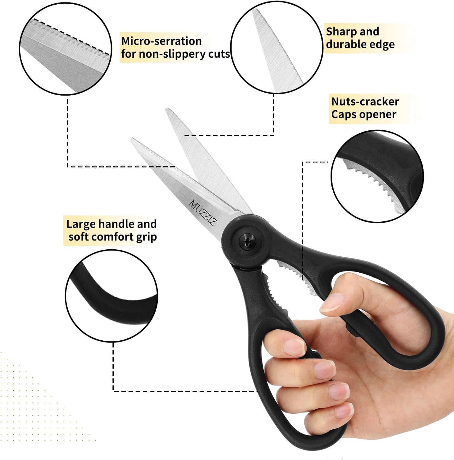 Kitchen Scissors All Purpose, Heavy Duty Stainless Steel Kitchen Shears for Food, Herbs, Meat, Fish with Soft Comfort Grip Handle - 8.7-Inch Black