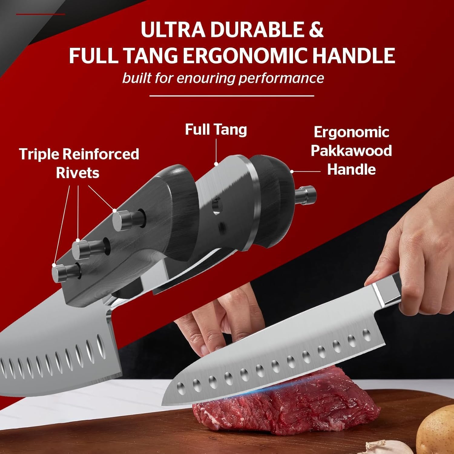 Sunhouse Santoku Knife 7 inch,AUS-8 Stainless Steel – Superior 59HRC Hardness, Full Tang, Ergonomic Handle, Perfect Gifts for Mom or Dad,Premium Gifts