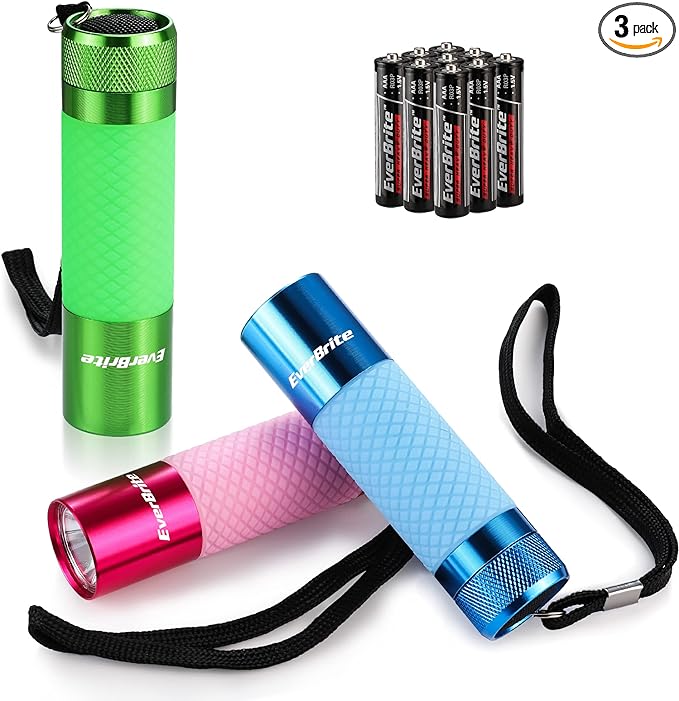 EverBrite 3-Pack Mini Flashlights, Glow in Dark Flashlights, Aluminum LED Flashlights Party Favors Assorted Colors for Camping, Hiking, Indoor, 9XAAA Batteries Included