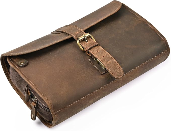 LEATHER VILLAGE Hanging Toiletry Bag for Men & Women, Handcrafted Vintage Cosmetic & Shaving Organizer Travel Dopp Kit- Brown
