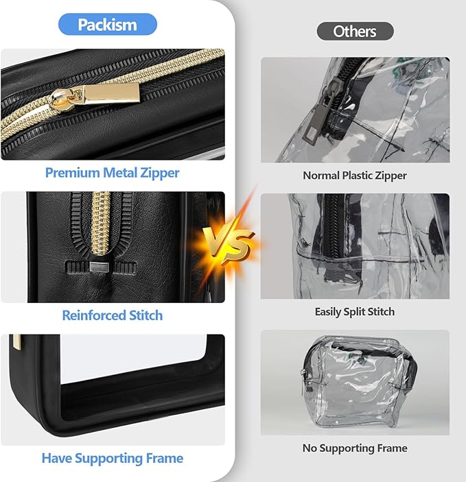 PACKISM TSA Approved Toiletry Bag - 2 Pack Upgrade Color-Edged Clear Makeup Bag, Clear Toiletry Bag For Traveling Fits Various Storage Needs, Black/Pink (2 Sizes)