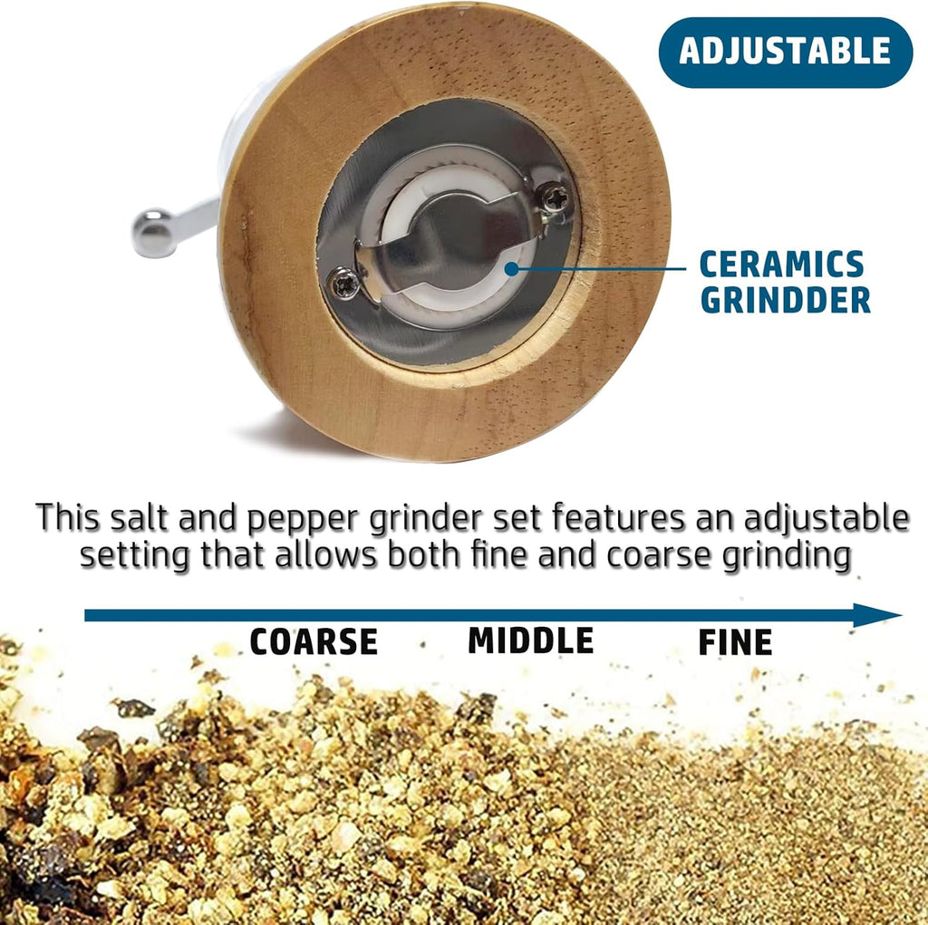 Salt and Pepper Grinder Set 2pcs-6in Pepper Mills Classical Roast Black Wooden Manual Pepper Grinder Set Metal Hand Shake Sea Salt Mill, Ceramic Core Grinding Fresh Ground Pepper Sea Salts