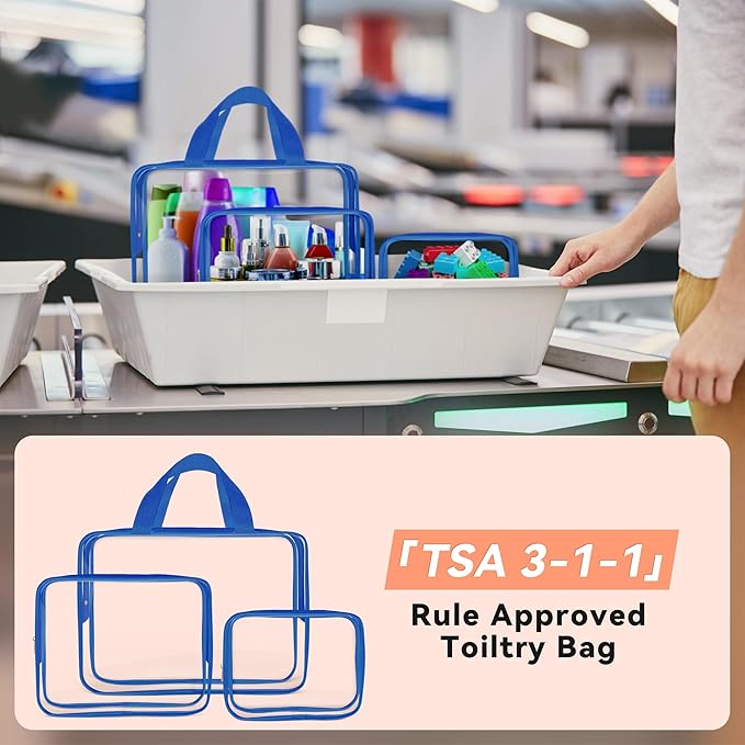 TISRATOK 10 PCS Clear Travel Makeup Toiletry Bag, Plastic PVC Cosmetic TSA Approved Organizer Kit with Zipper Handbag（Blue）