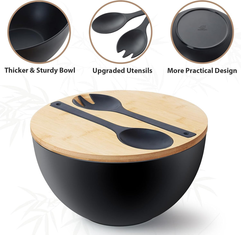 11.3" Extra Large Salad Bowl with Wooden Lid & Servers, 208Oz, Oversized Bamboo Fiber Salad Serving Set with Utensils for Home/Kitchen, Big Lightweight Bowl for Mixing Salad,Fruit,Pasta - Matte Black