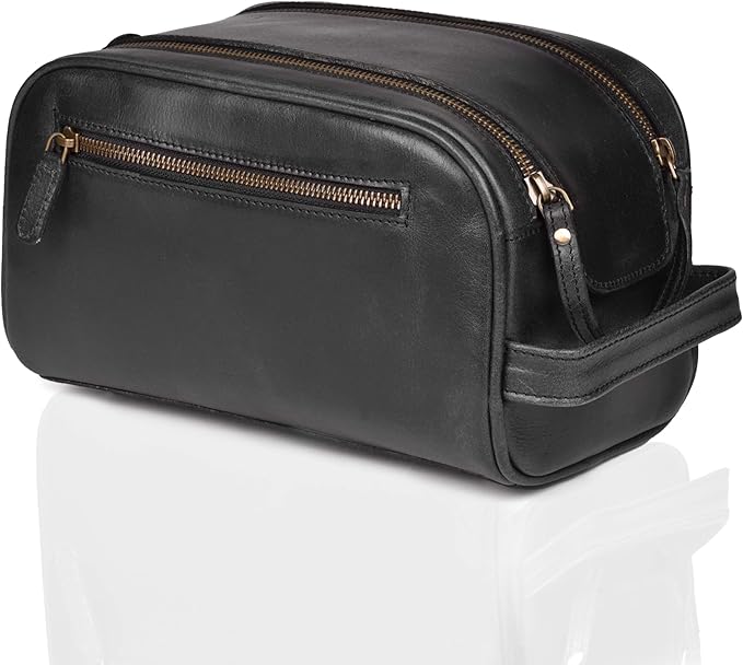LEATHER VILLAGE Premium Leather Toiletry Travel Pouch With Waterproof Lining - Black | King-Size Handcrafted Vintage Dopp Kit Bag