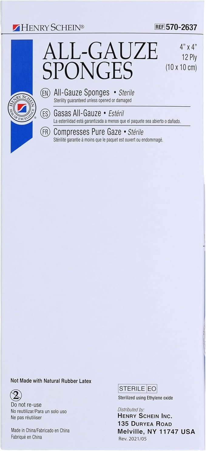 Premium 100% Cotton All-Gauze Sponge 4x4 12 Ply Sterile Square for Wound Care & Home First Aid Kits - 50/Box