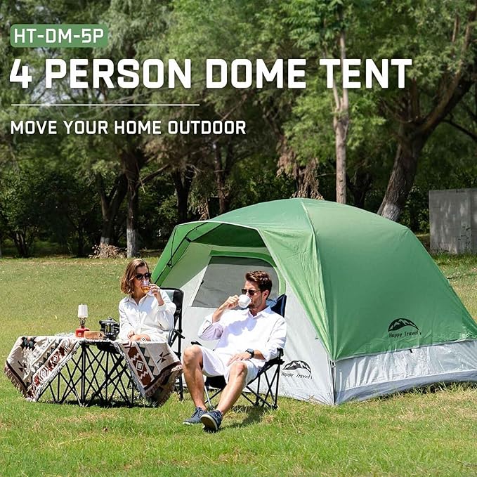 Happy Travel Camping Tent, 4 Person Dome Tents for Camping with Rainfly, Waterproof Clip Easy Setup Portable Family Tent with Mesh Windows, 20% More Headroom Backpacking Tents for Camping & Hiking