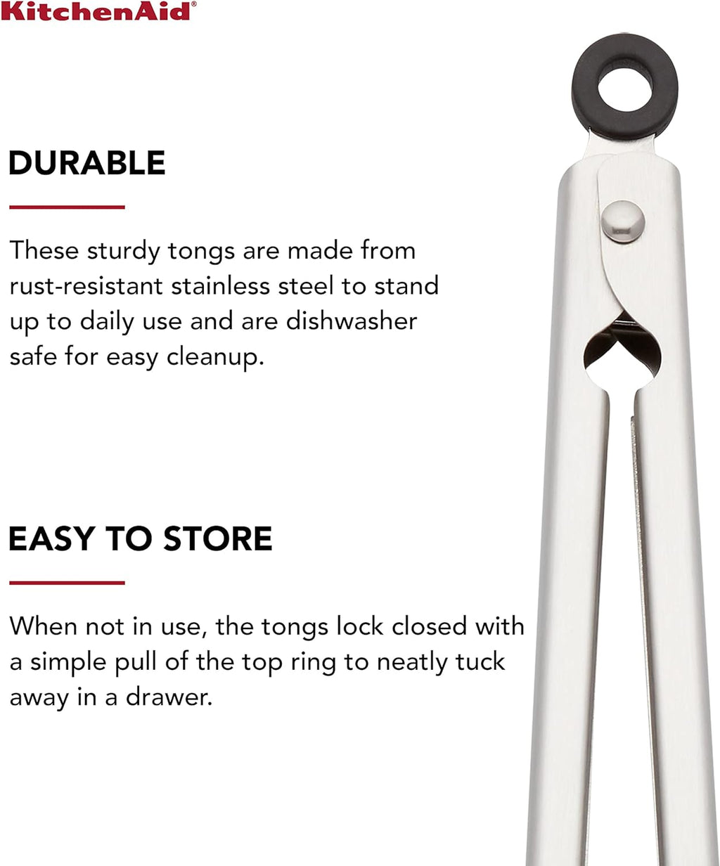 KitchenAid Gourmet Stainless Steel Serving Tongs with Hang Hook and Secure Closing Lock, 9 Inch, Stainless Steel