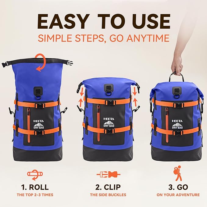 HEETA Waterproof Dry Bags Backpack 40L for Men & Women, Roll Top Heavy Duty Cushioned Hiking Backpack for Kayaking Boating Paddle Boarding Fishing Travel Camping Beach Vacation Cruise Ship Essentials