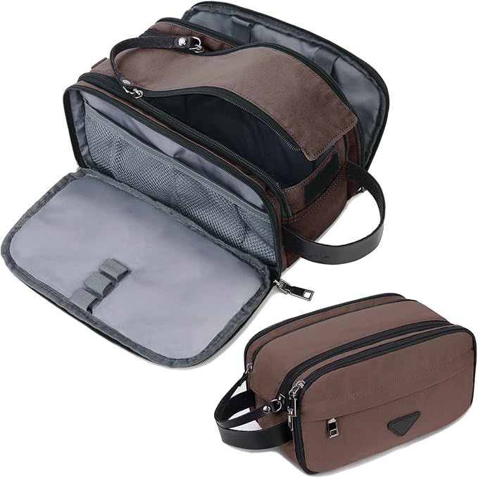 Mens Toiletry Bag Travel Leather Toiletry Organizer Dopp Kit for Men Water-resistant Shaving Bag for Bathroom (Brown)