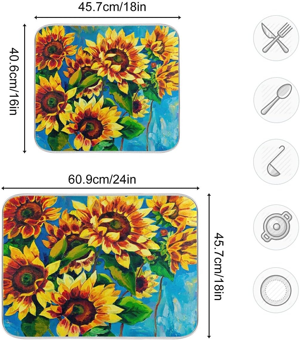 Super Absorbent Dish Drying Mat, Microfiber Fast-Drying Dish Mat, 24" x 18", Kitchen Dish Drying Pad, Sunflowers