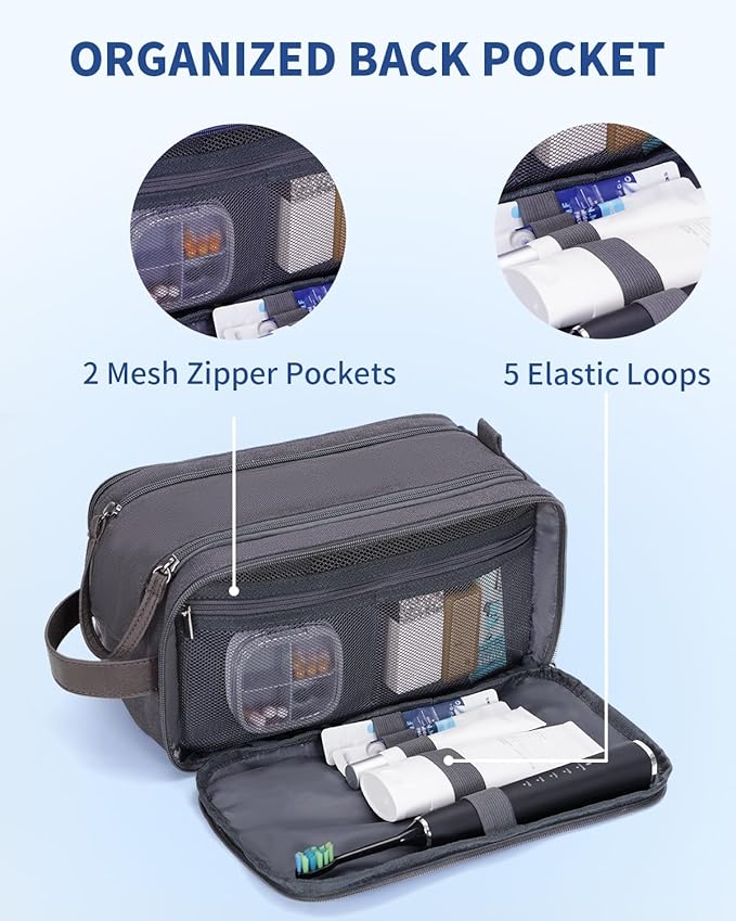 WANDF Toiletry Bag for Men Travel Toiletry Organizer Canvas and Leather Dopp Kit Water-Resistant Shaving Bag for Travel Accessories (Grey, Patent Pending)