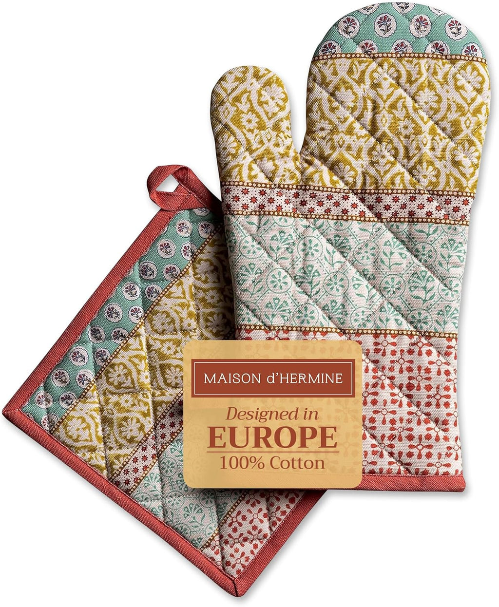 Maison d' Hermine 100% Cotton Oven Mitt & Pot Holder Set (7.5"x13" & 8"x8") Heat Resistant BBQ Cooking Gloves with Loop, Baking, Grilling, Kitchen, Handling Hot Pans Spring/Summer (Provence)