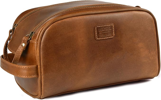 LEATHER VILLAGE Premium Leather Toiletry Travel Pouch With Waterproof Lining - Sun Tan | King-Size Handcrafted Vintage Dopp Kit Bag