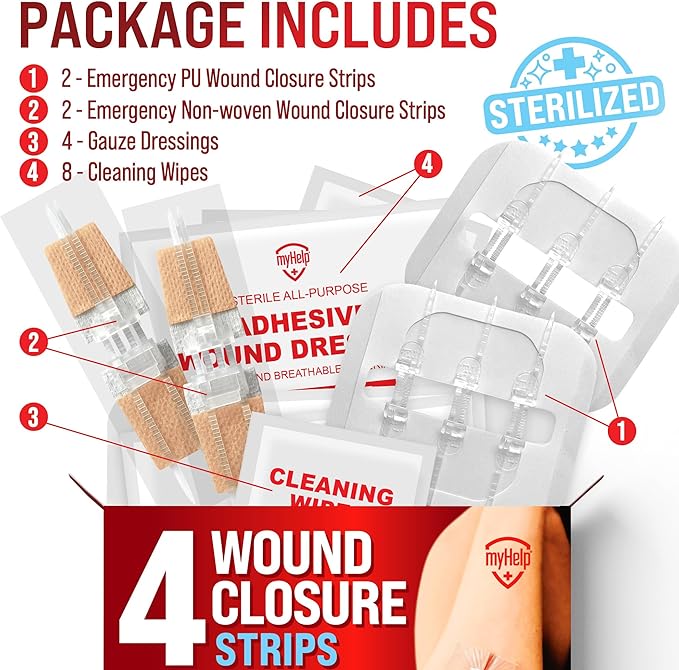 Emergency Wound Closure Strips - 4pk - 2 Types Laceration Closure Kit - Stitchless & Easy to Use - Butterfly Bandages