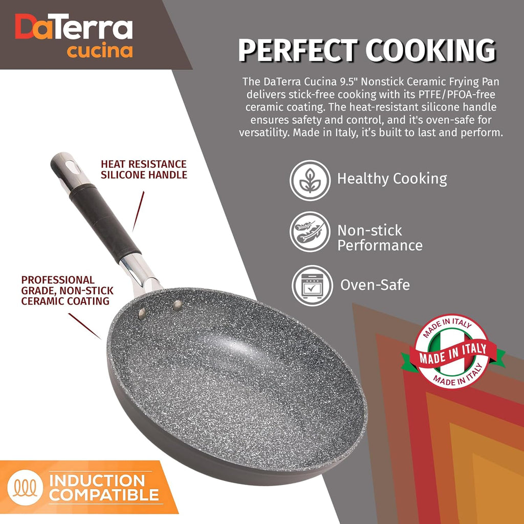 DaTerra Cucina - 9.5" Nonstick Ceramic Frying Pan - Made in Italy - Oven & Induction Safe - High Heat Resistant Nonstick Cookware - Dishwasher Safe - Volcanic Black Speckled