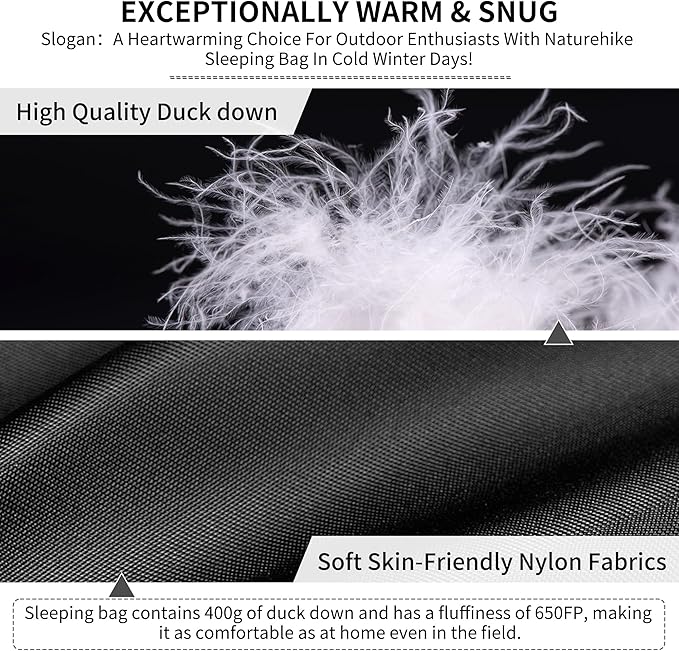 Naturehike Ultralight Down Sleeping Bag, 650FP, 3-4 Season, Adults, 32-42, Waterproof, Compact, Camping, Hiking