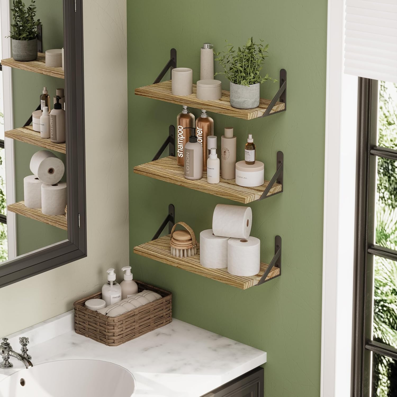 YGEOMER 16.5 Inch Floating Shelves for Wall, Farmhouse Wall Shelves for Bedroom, Bathroom Storage, Living Room and Kitchen Decor (Set of 6 Light Brown Color)