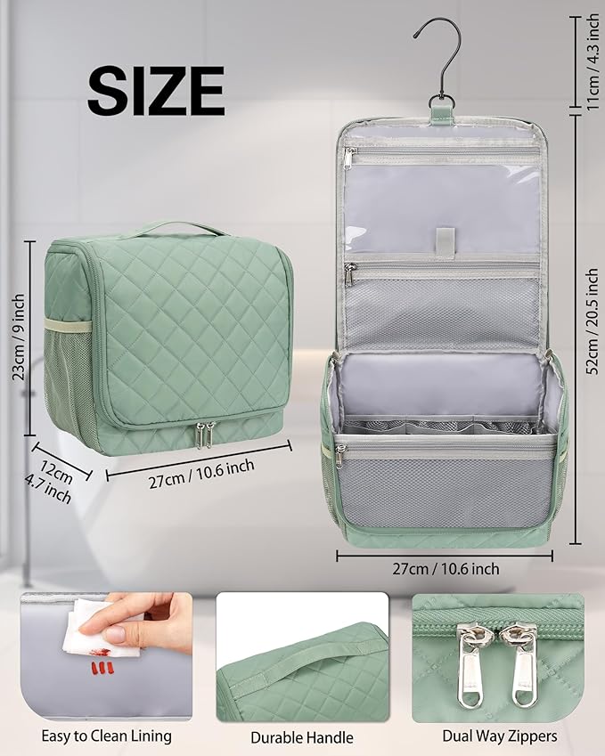 Relavel Toiletry Bag for Men, Hanging Travel Makeup Bag for Women, Waterproof Large Cosmetic Organizer Multiple Compartments for Accessories, Full Sized Toiletries Dopp Kit Shaving Bag (Green, Medium)