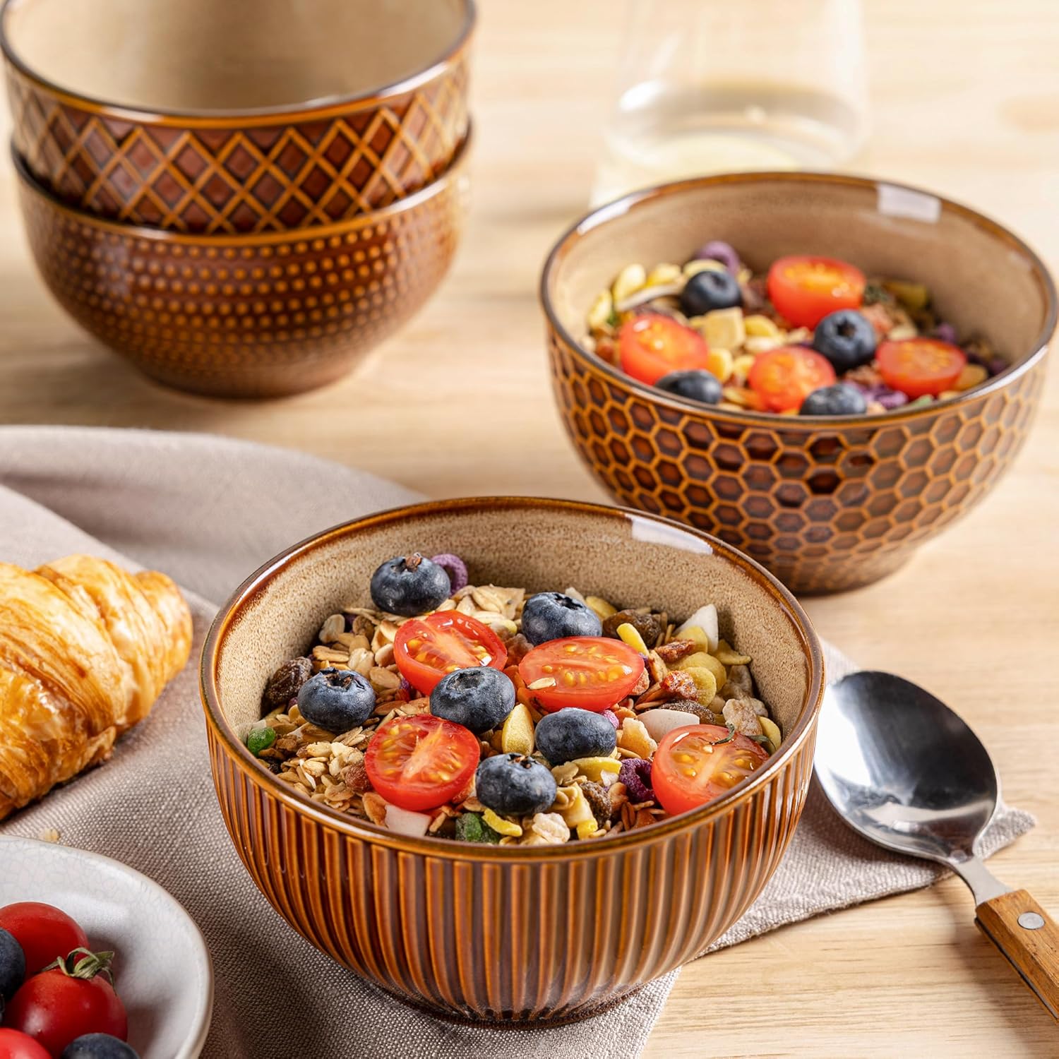 GBHOME Stoneware Cereal Bowls Set of 4, 24 oz Ceramic Soup Bowls with Texture Patterns for Soup,Oatmeal,Snack Perfect for Wedding, House-warming Gift - Caramel