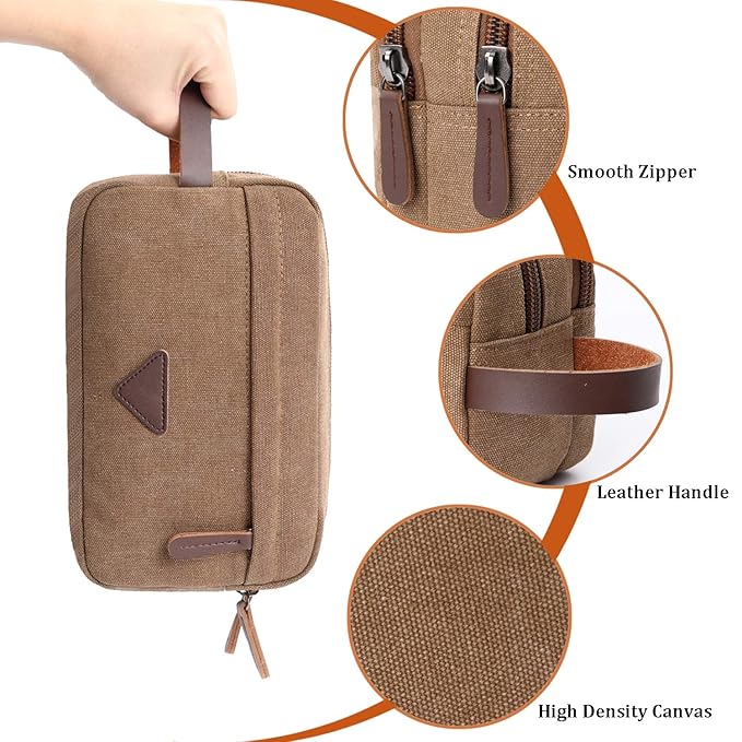 Mactso Mens Travel Toiletry Bag Canvas Leather Cosmetic Makeup Organizer Shaving Dopp Kits with Double Compartments (Coffee)