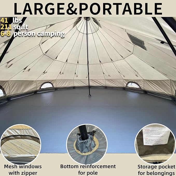 DANCHEL OUTDOOR B2 Waterproof Glamping Yurts for All Year Living with Stove Jack for 4/6 Person, Portable 4 Season Bell Tent for Camping Hot Tent 300D Oxford Nylon Glamping Accessories,13ft/16.4ft