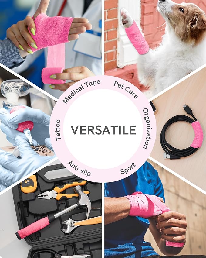FriCARE Self Adhesive Bandage Wrap, Medical Tape in First Aid Kit, Cohesive Bandages for Wounds Sport Vet, FSA/HSA Eligible, 2 Inches X 5 Yards 6 Rolls, Fluorescent Pink