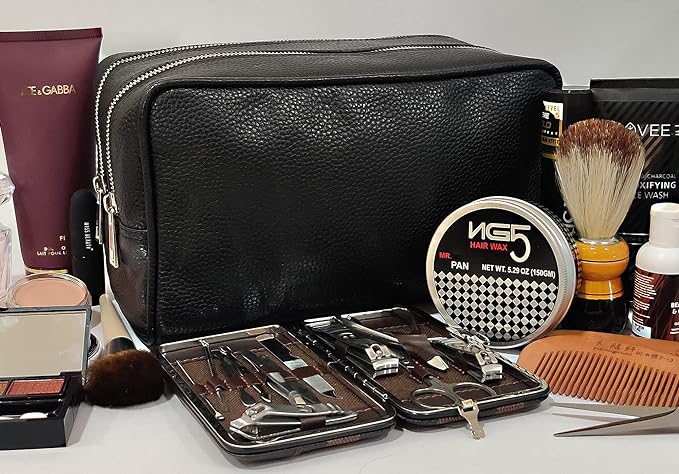 RUSTIC TOWN Full Grain Leather Travel Toiletry Bag - Dopp Kit Travel Organizer (Medium, Black)