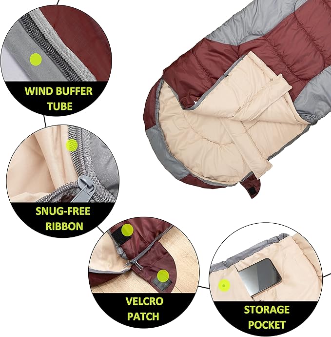 0 Degree Winter Sleeping Bags for Adults Camping (450GSM) - Temp Range (5F–32F) Portable Waterproof Compression Sack- Camping Sleeping Bags for Big and Tall in Env Hoodie: Backpacking Hiking 4 Season