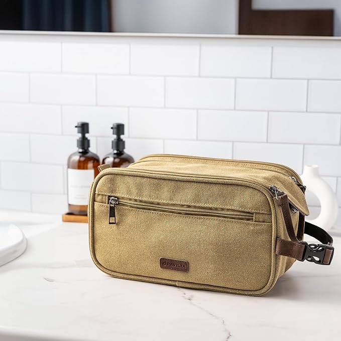PAVILIA Toiletry Bag for Men, Canvas Travel Dopp Kit, Water Resistant Hygiene Bag Toiletries Organizer, Shaving Kit Travel Accessories Bag, Tan Khaki, Extra Large