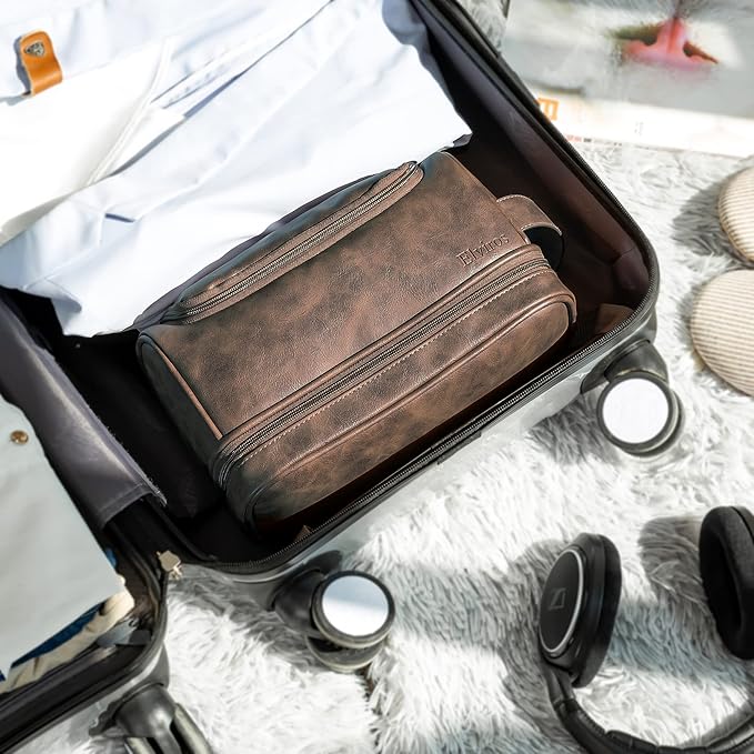 Elviros Toiletry Bag for Mens PU Leather Travel Organizer Kit with Hanging hook, Large Water-resistant Toiletries Bathroom Shaving Bags (Coffee)