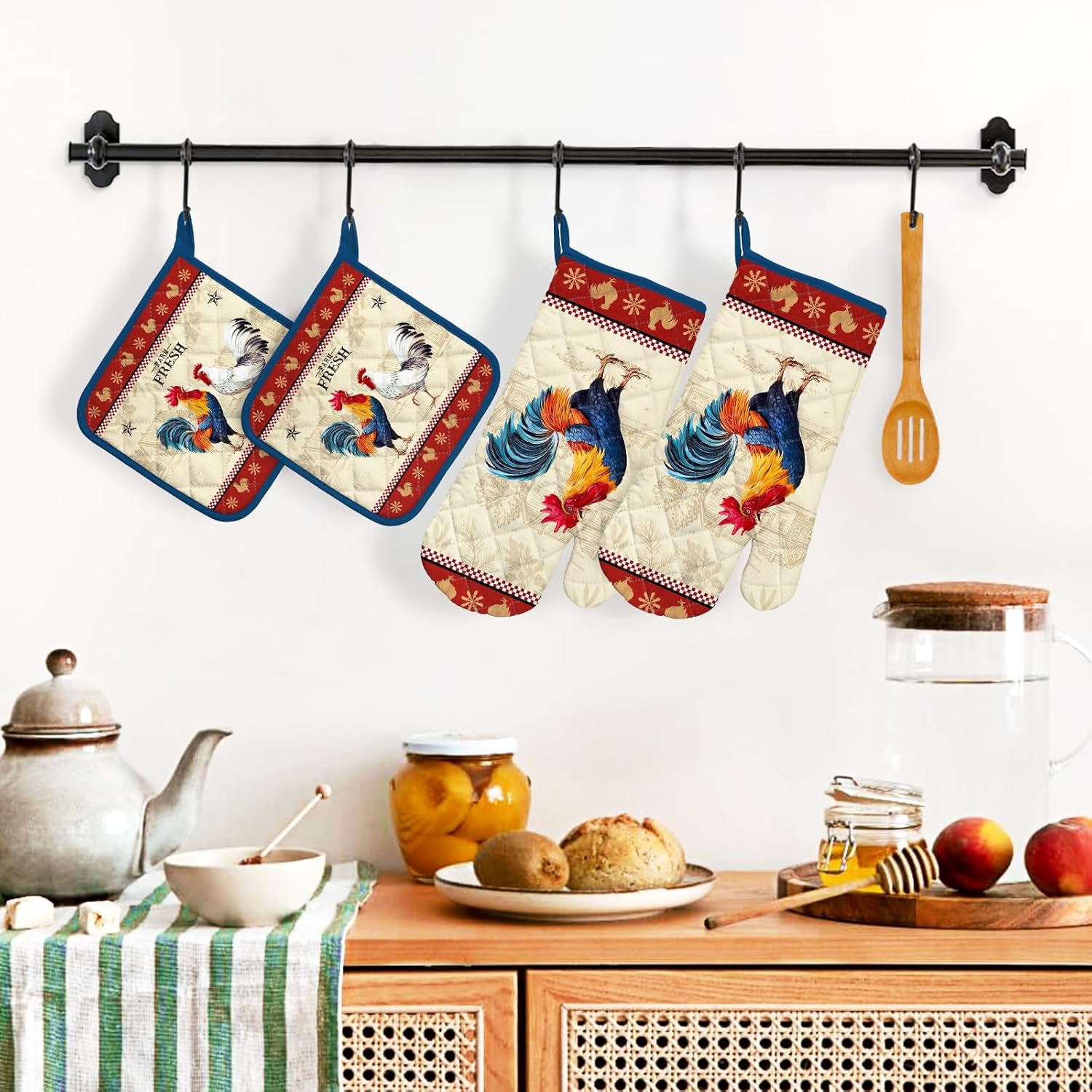Rooster Oven Mitts and Pot Holders Sets 4Pcs, 100% Cotton Heat Resistant, Extra Long Oven Gloves Potholder for Kitchen Cooking Baking Housewarming