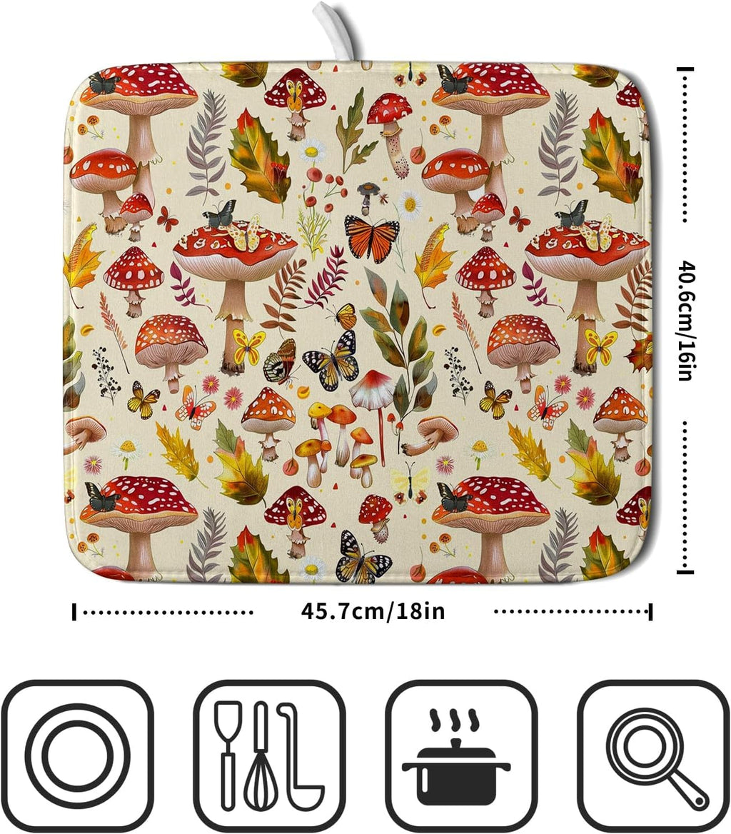 Forest Mushroom Dish Drying Mats Wild Plant Butterfly Kitchen Sink Rack Mats 16 X 18 Inch