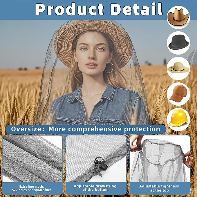 2 Pack Ultra Large Mosquito Net 42x25 Inches Mosquito Head Net Oversized Insect Netting Bug Fits Most Hats for Gardening Hiking Fishing Traveling(Light Gray)
