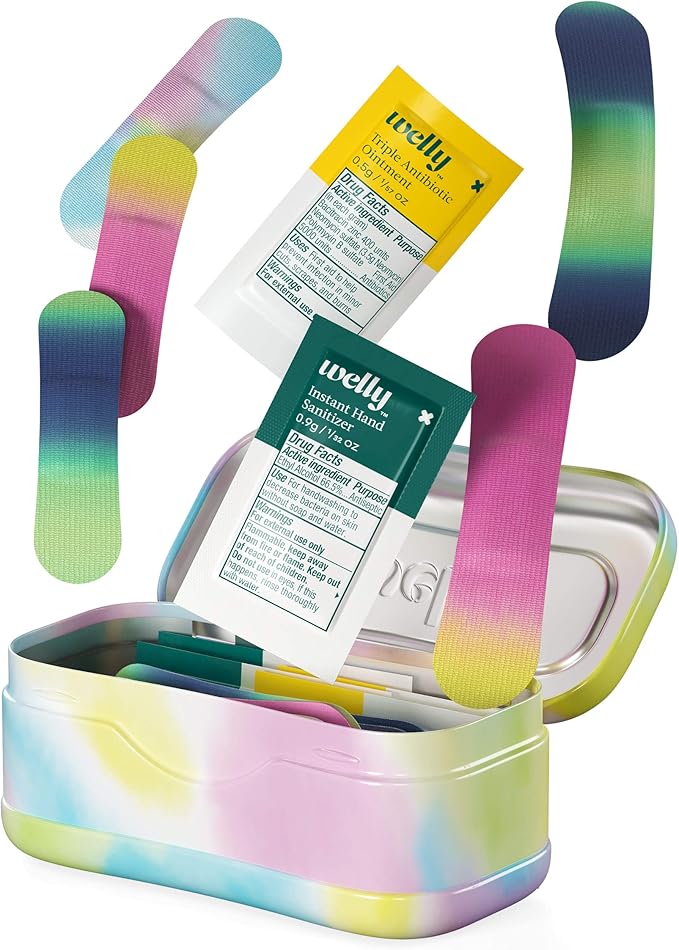 Welly Quick Fix Colorwash, On The Go First Aid Kit, Assorted Bandages, Ointments, and Hand Sanitizer, Tie Dye Patterns, 2 Pack
