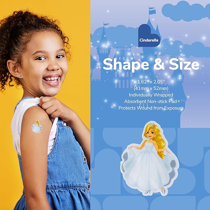 BioSwiss Bandages, Princess Cinderella Shaped Self Adhesive Bandage, Latex Free Sterile Wound Care, Fun First Aid Kit Supplies for Kids and Adults, 24 Count