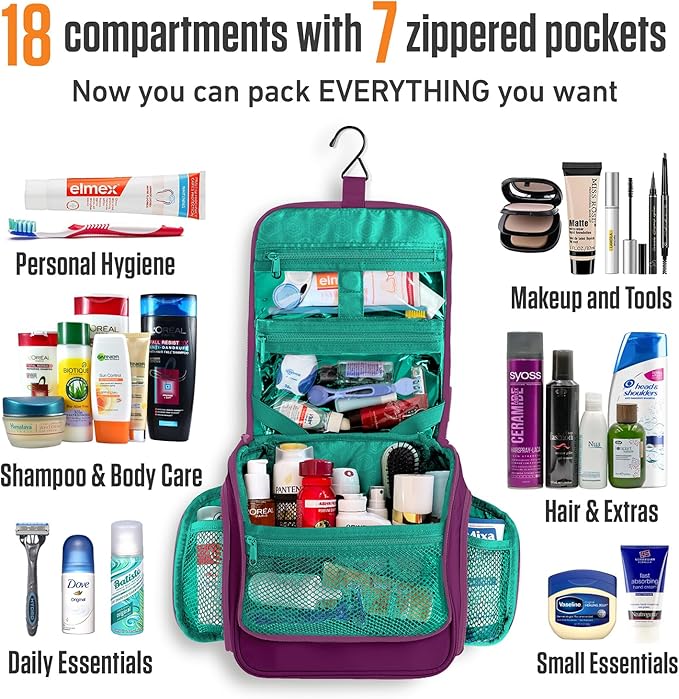 VENTURE 4TH Hanging Travel Toiletry Bag for Women & Men - Travel Organizer with Expandable Compartments & Removable Clear Pouch for Toiletries (Purple/Mint)