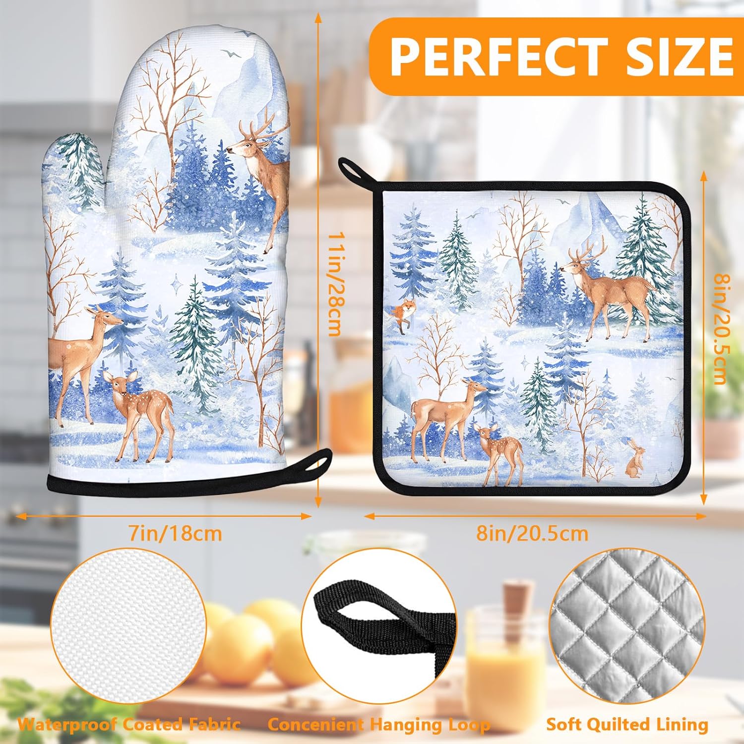 Deer Mitts and Pot Holders Sets 4Pcs,Extra Long Oven Gloves Potholder for Kitchen Cooking Baking BBQ 100% Cotton Heat Resistant