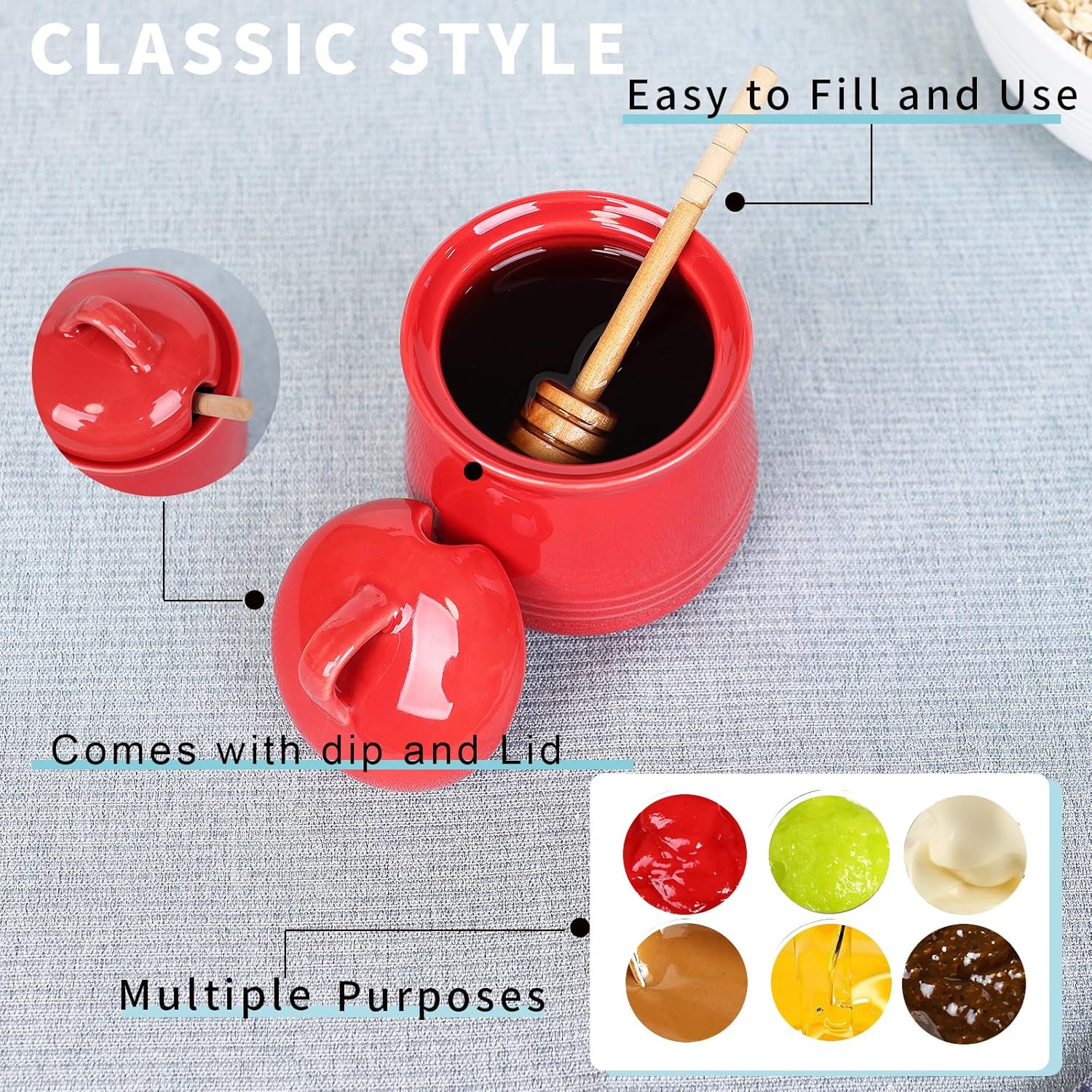 HAOTOP Ceramic Honey pot with Lid and Honey Dipper,Porcelain Honey Jar Easy to Clean and Dishwasher Safe,12oz (Red)