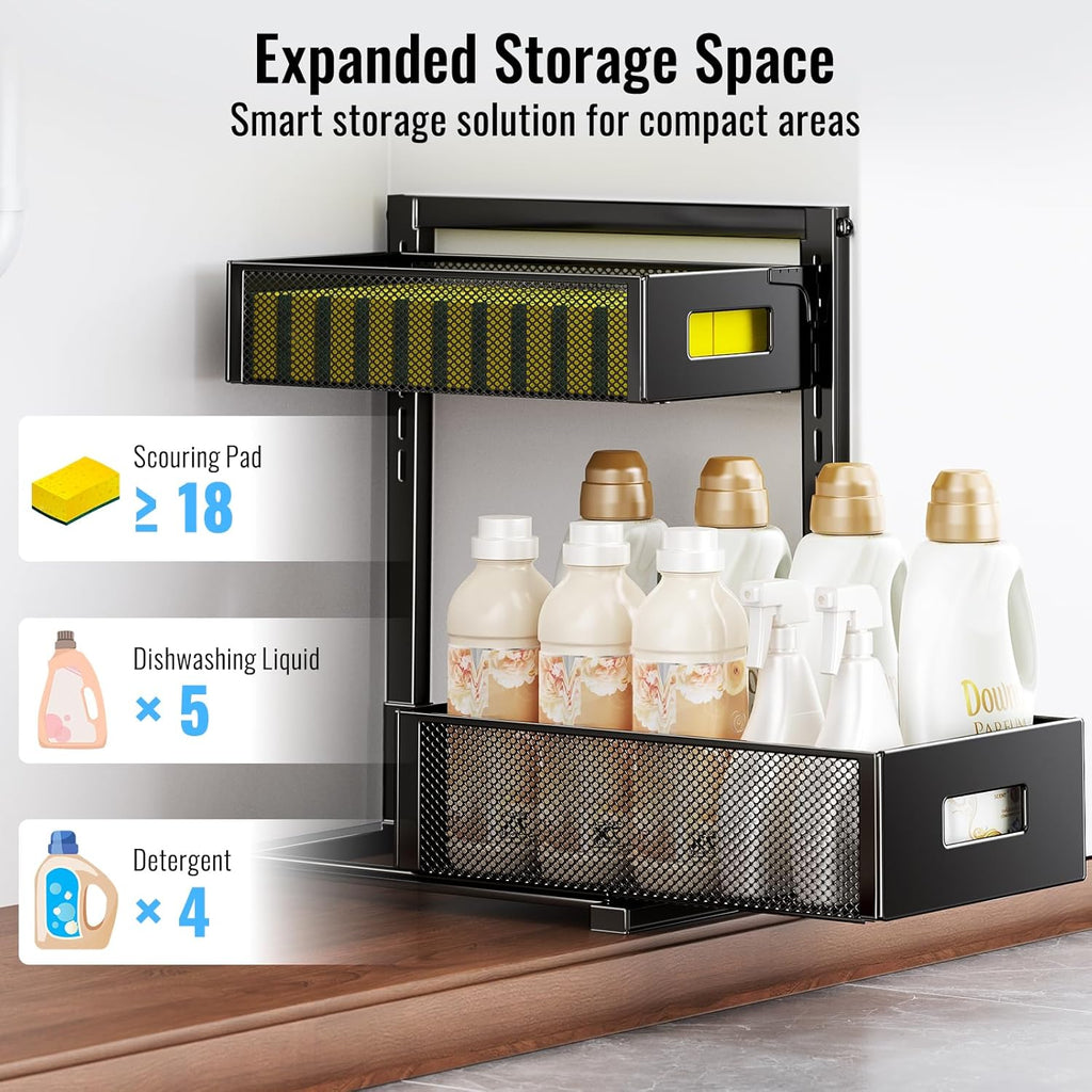 2-Tier Under Sink Organizer, Silk-Smooth Metal Sliding Drawer Organizers and Storage Rack, Pull Out Cabinet Shelf for Kitchen, Bathroom, Pantry, Cabinet, Closet
