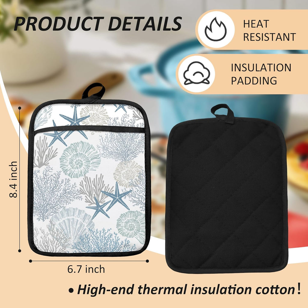 Coastal Beach Seashell Coral Starfish Oven Mitts Set, Ocean Beach Gifts for Women, Blue Heat Resistant Kitchen Oven Gloves for Baking and Cooking,Pot Holders