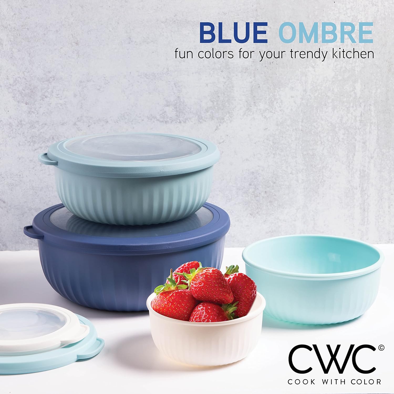 COOK WITH COLOR Prep Bowls with Lids- Wide and Deep Nesting Plastic Small Mixing Bowl Set with Lids, 8 Piece Set - Wide Bowls, Blue