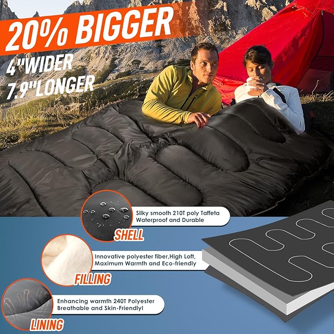 MEREZA Double Sleeping Bag for Adults Mens with Pillow, XL Queen Size Two Person Sleeping Bag for All Season Camping Hiking Backpacking 2 Person Sleeping Bags for Cold Weather & Warm