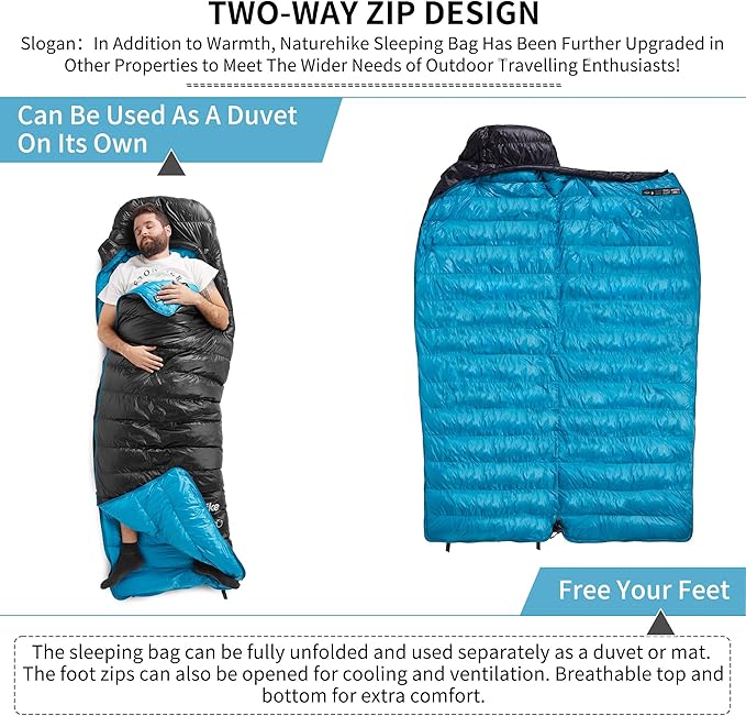 Naturehike Ultralight Down Sleeping Bag, 650FP, 3-4 Season, Adults, 32-42, Waterproof, Compact, Camping, Hiking