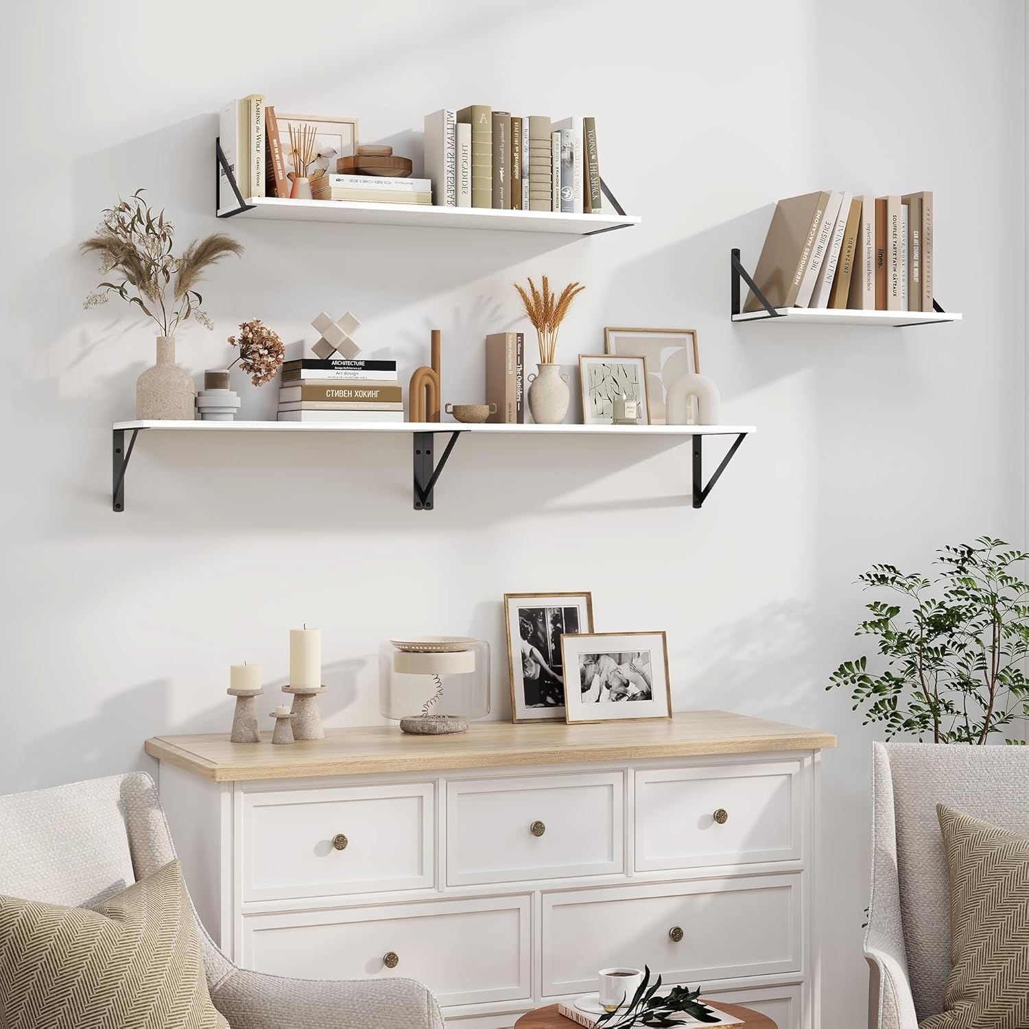 Heimlove White Deep Floating Shelves for Wall, 32W x 8D Wood Wall Shelves Set of 2, Wide Floating Bookshelf for Living Room, Kitchen, Office, Bedroom and Decor Storage, with Black Bracket - White