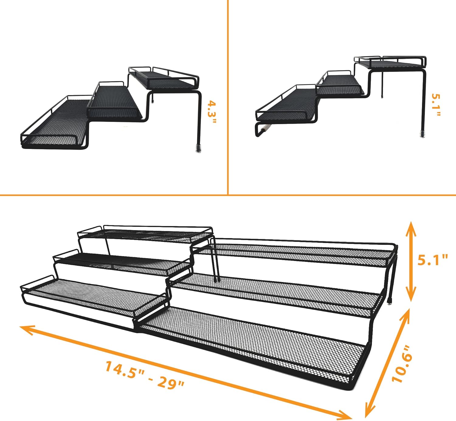 3 Tier Wide Expandable Cabinet Spice Rack Organizer (14.5" to 29.1") - Step Shelf with Protection Railing, Black