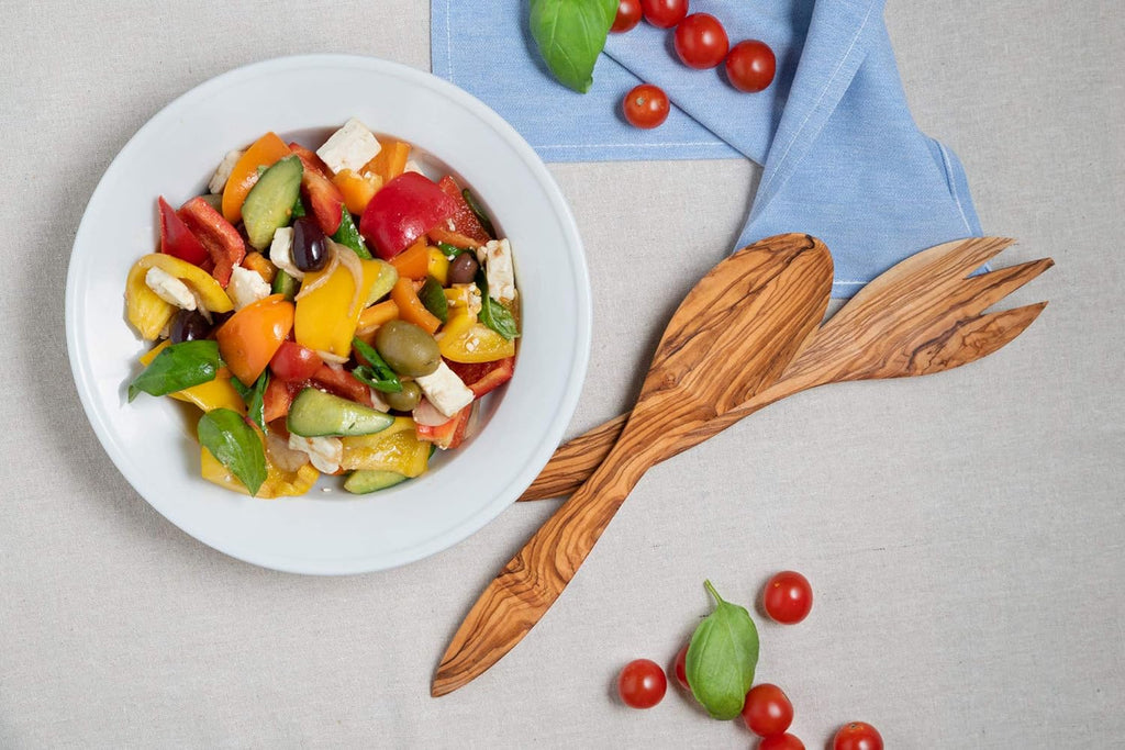 Tramanto Olive Wooden Salad Server Set, 12 inch Long Wood Pair - Tuscan Design